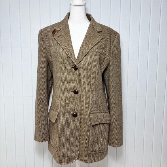 Ralph Lauren Jackets & Blazers - Lauren Ralph Lauren Brown Herringbone Wool Blazer Suede Elbow Patches Size 12